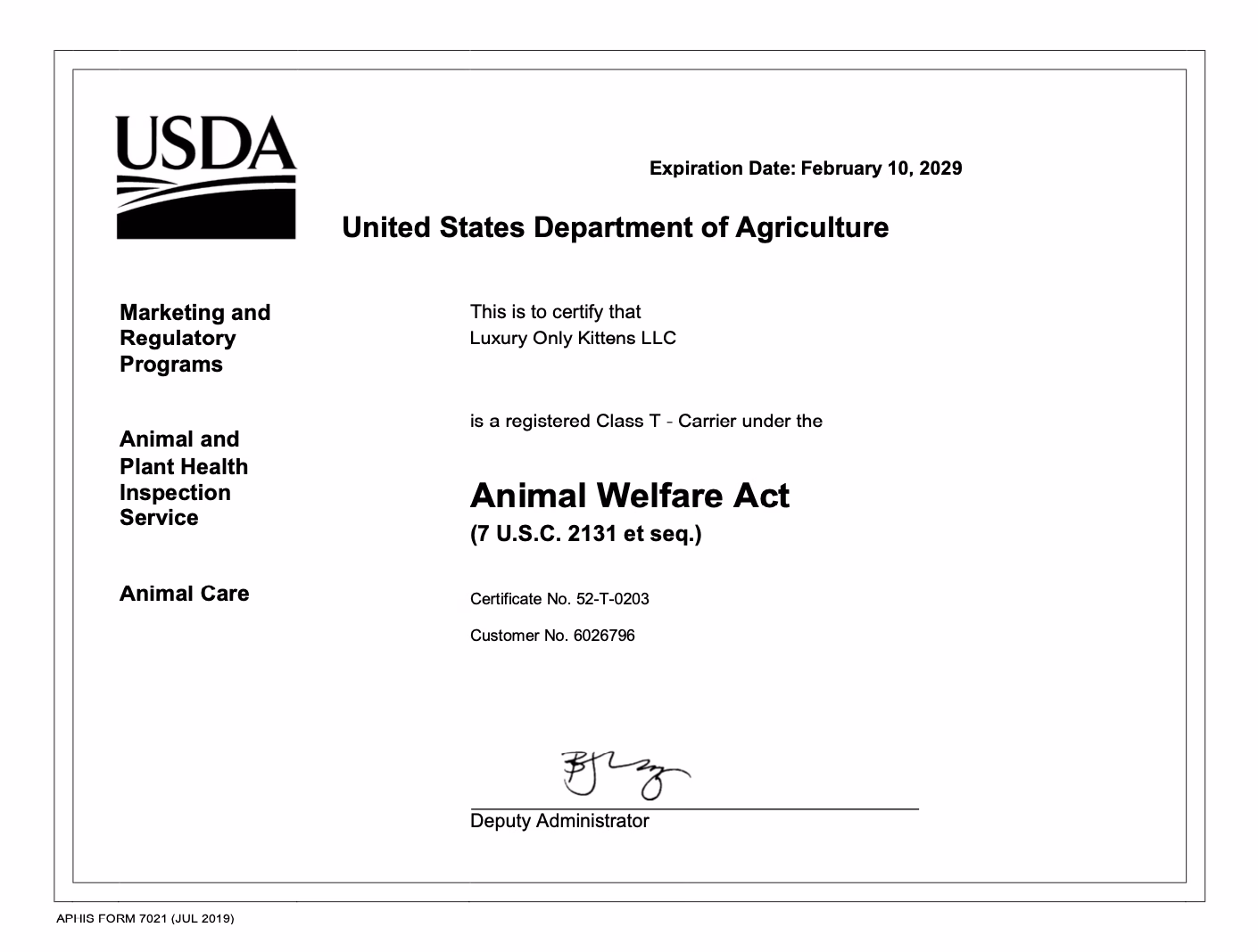 USDA Federal Certification - Registered Class T - Carrier under the Animal Welfare Ac